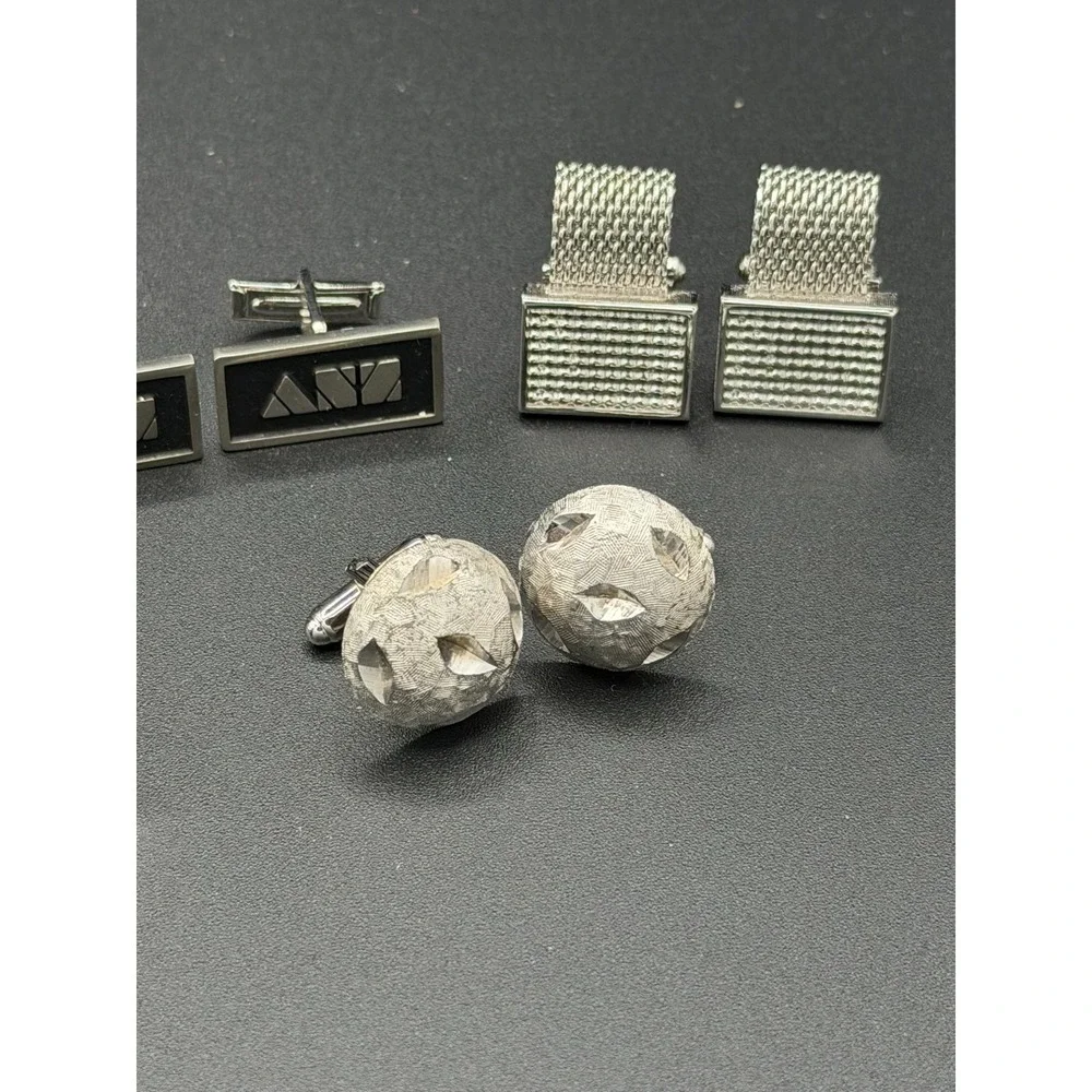 Vintage Cufflinks Lot of 5 Pairs Silver Tone Textured Stone Modern Retro Styles
